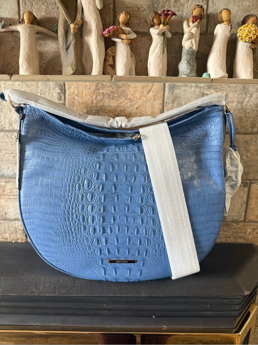 Brahmin Blue Croc-Embossed Crescent Shoulder Bag “Kathleen Rose”
